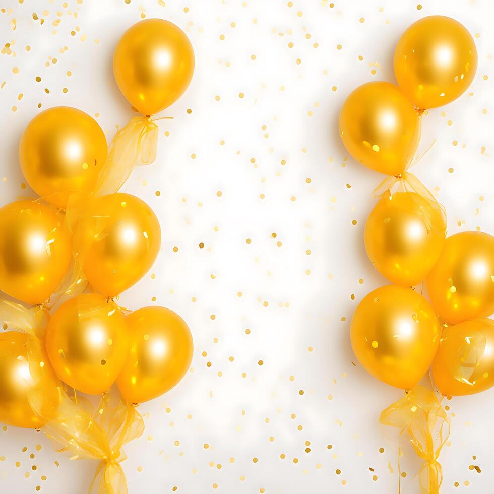 golden balloon ribbon and confetti celebration birthday party background. photo