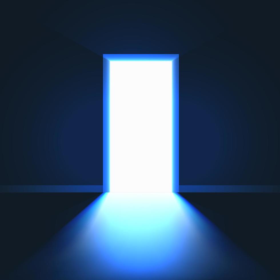 Open Door in dark room symbol of hope or solution. Bright light in room through open door. Vector illustration