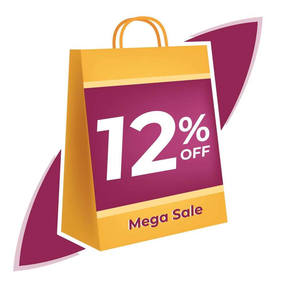 12 percent off. 3D Yellow shopping bag concept in white background. vector