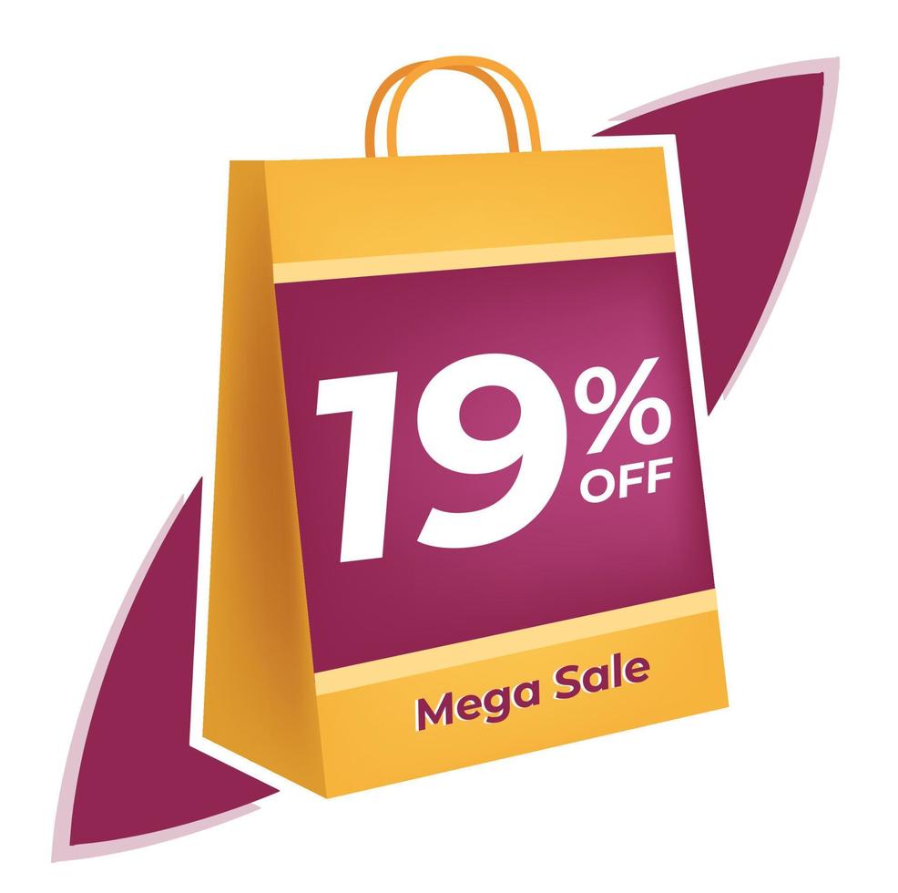 19 percent off. 3D Yellow shopping bag concept in white background. vector
