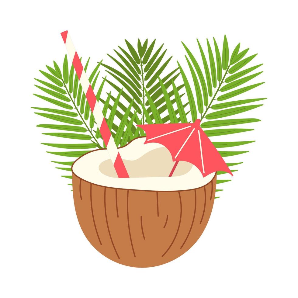 Tropical coconut cocktail with colorful straw and umbrella. Beach coconut milk water on palm leaves. Cartoon vector illustration.