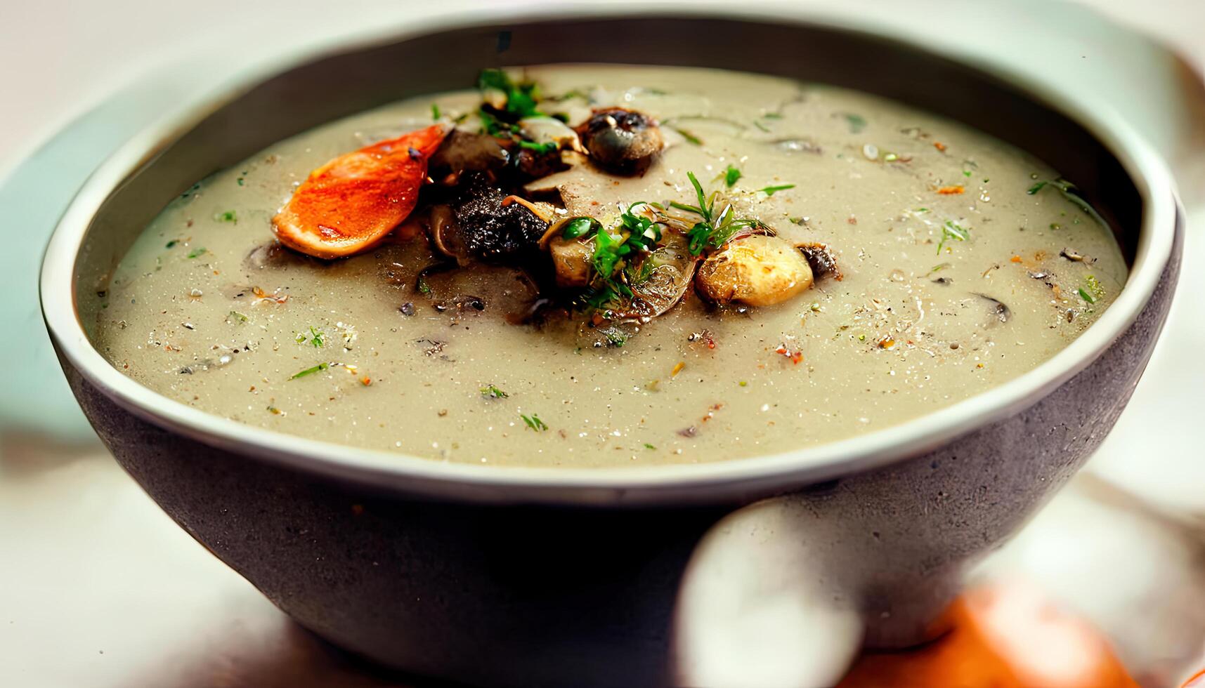 Spicy mushroom soup with fresh dill in a bowl and toast close-up. photo