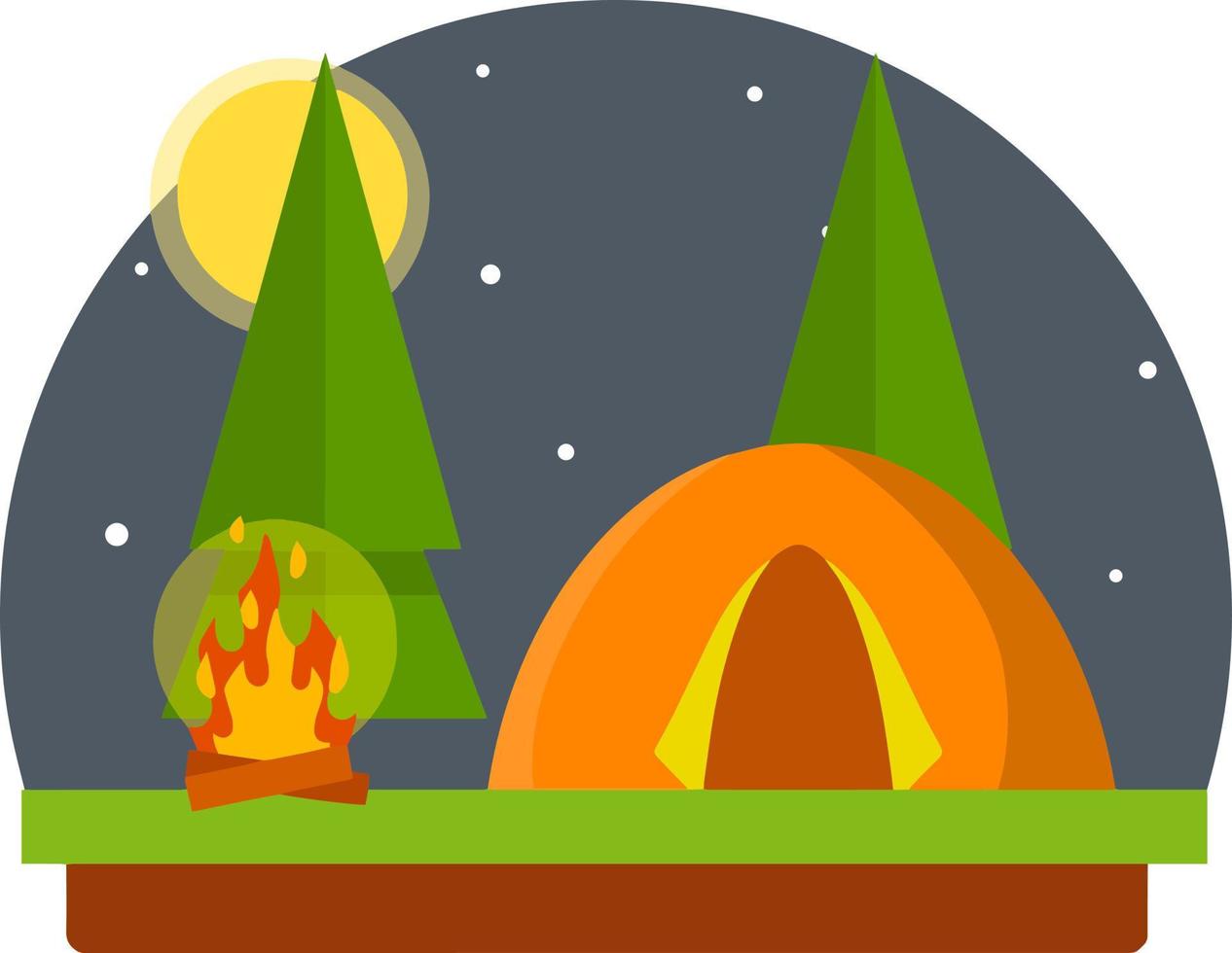 Yellow tent in the woods. Trip to nature. Outdoor activity. Camp and hike. Trees and night with moon. campfire and rest in forest. vector