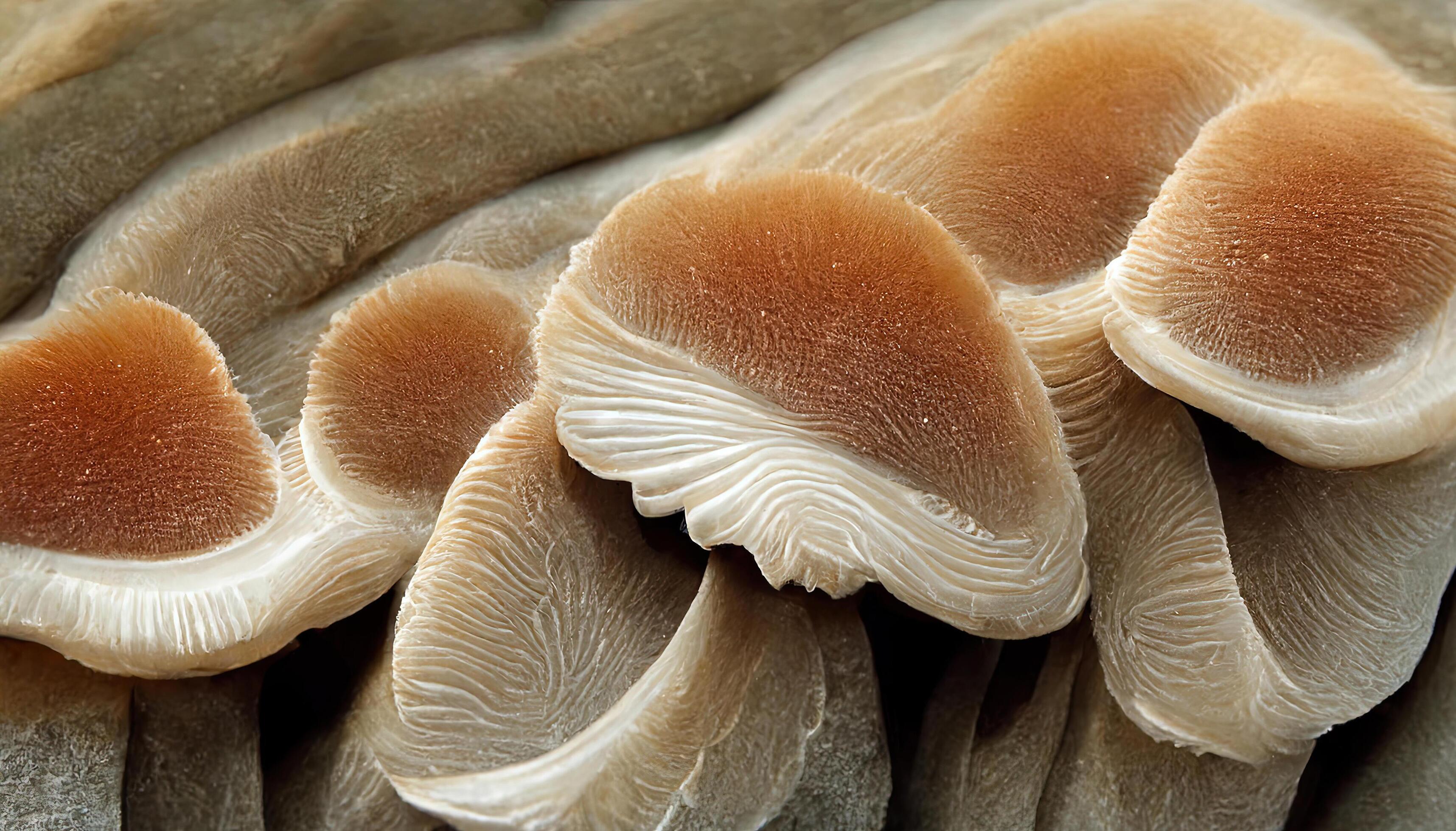 Close up of gills of oyster mushroom, Pleurotus ostreatus. Generative