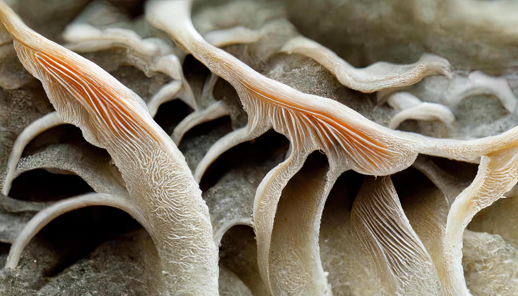 Close up Oyster mushrooms on a light blue background bottom view. photo