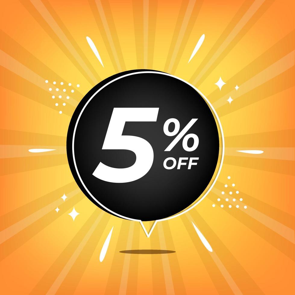 5 percent off. Yellow banner with five percent discount on a black balloon for mega big sales. vector