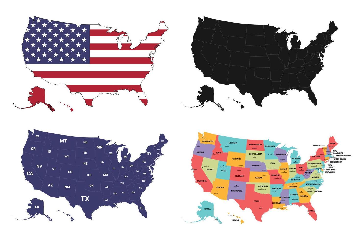 USA map.  USA map with flag.  USA map with black color. United State map and 50 state with blue color USA vector with high details, 50 multicolor state with capitals