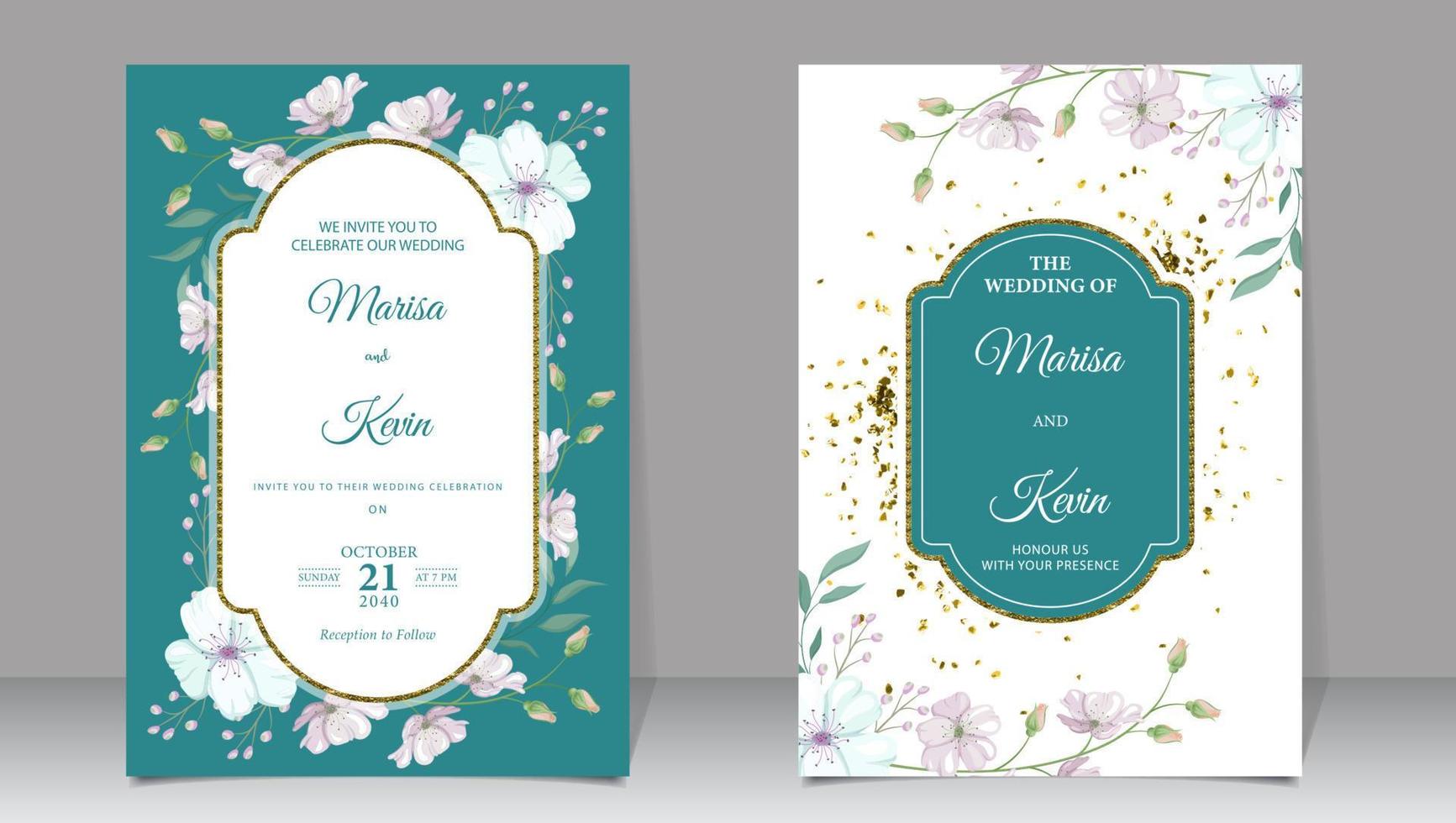 Luxury wedding invitation with bright flowers and gold glitter on a green background vector