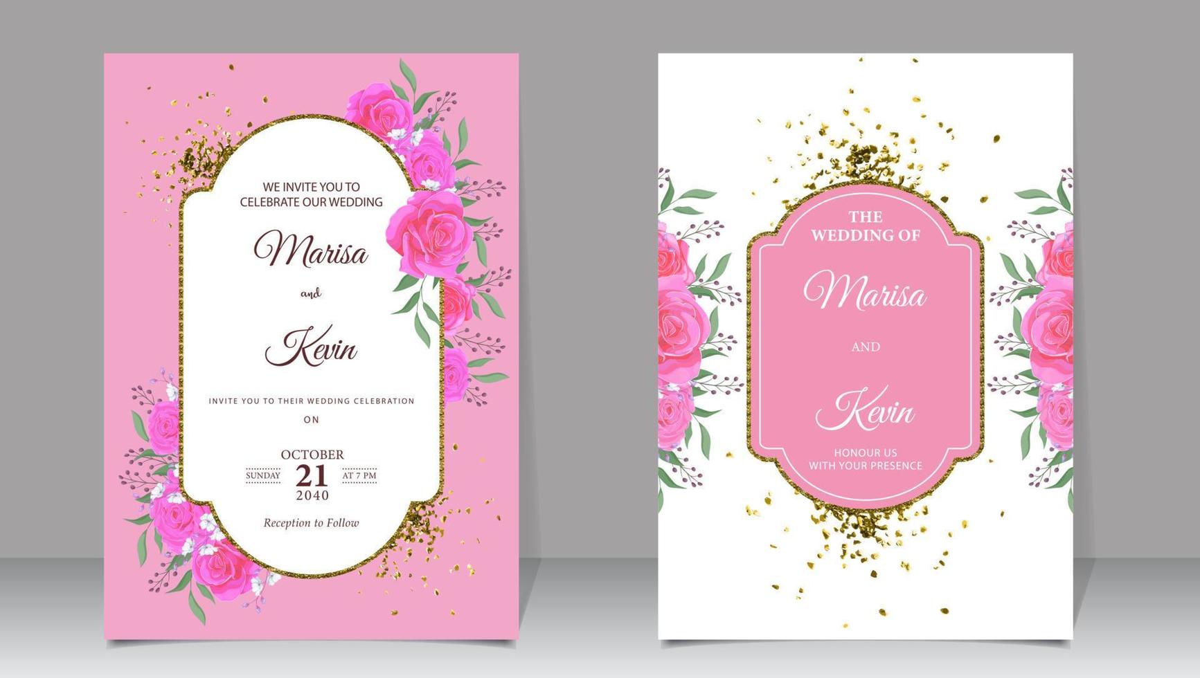 Luxury wedding invitation of pink roses and gold glitter vector