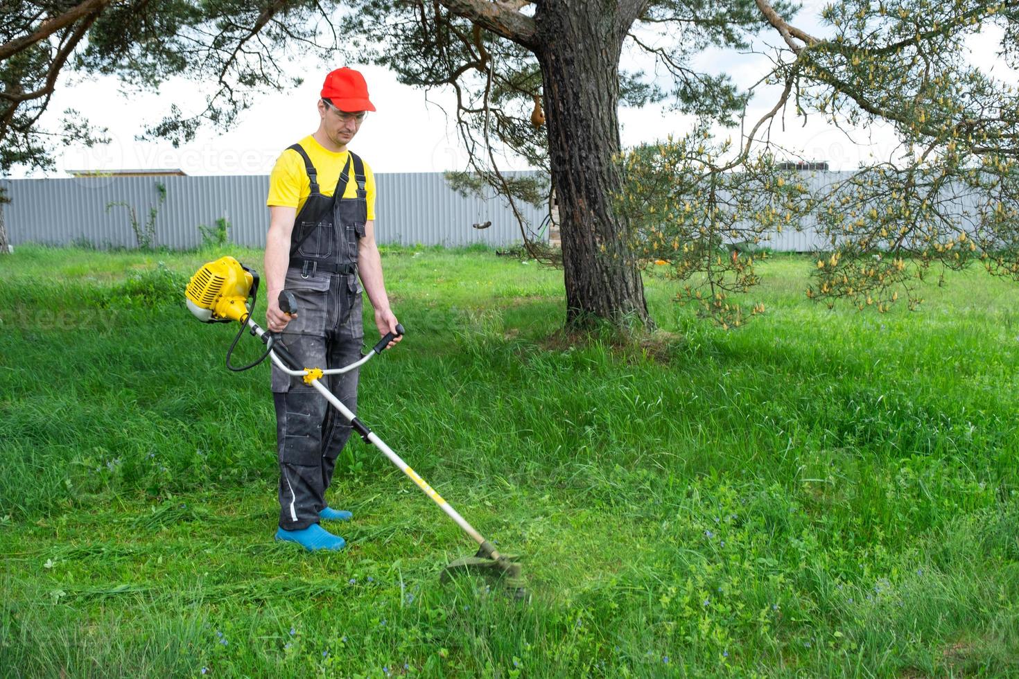 A male gardener mows the green grass of the lawn in the backyard with a gasoline mower. Trimmer for the care of a garden plot photo