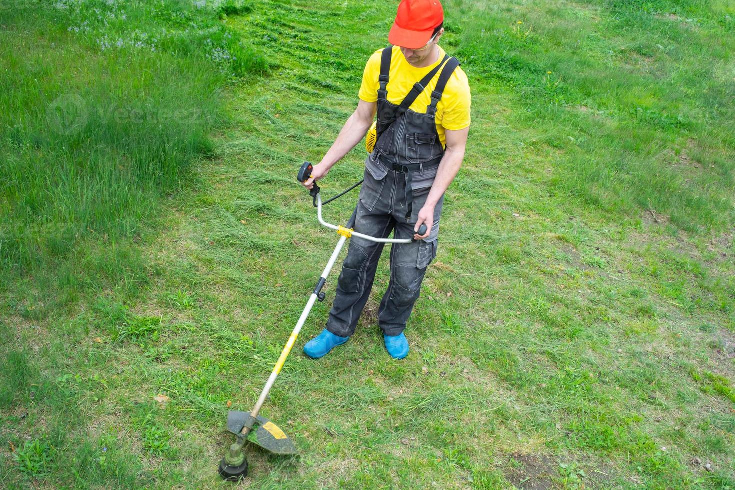 A male gardener mows the green grass of the lawn in the backyard with a gasoline mower. Trimmer for the care of a garden plot photo