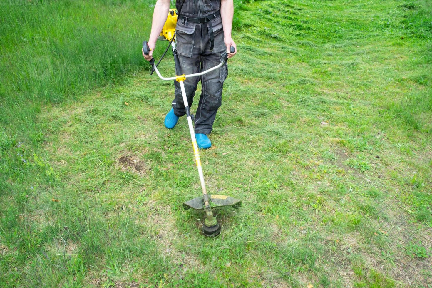 A male gardener mows the green grass of the lawn in the backyard with a gasoline mower. Trimmer for the care of a garden plot photo