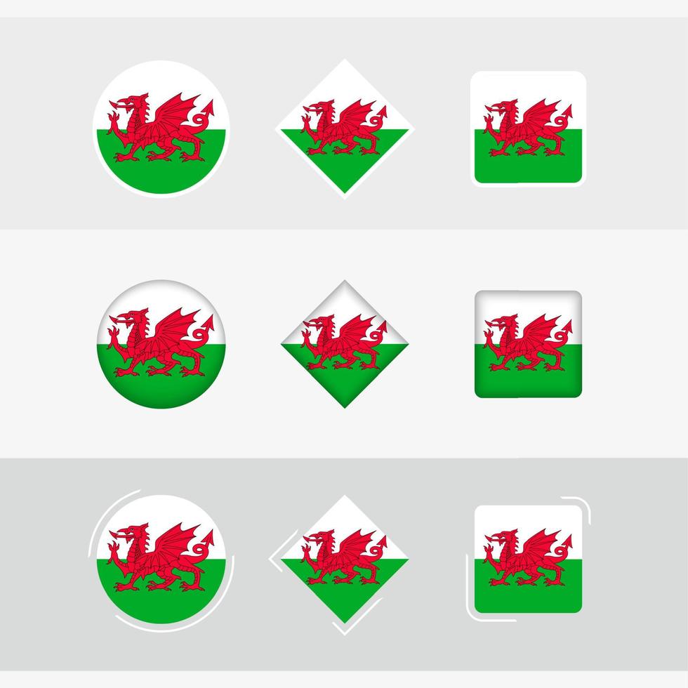 Wales flag icons set, vector flag of Wales.