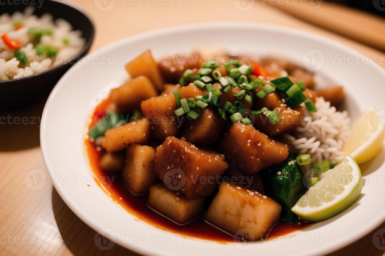 Chinese food, Stir-fried pork in sweet and sour sauce with rice. Chicken noodle soup. photo