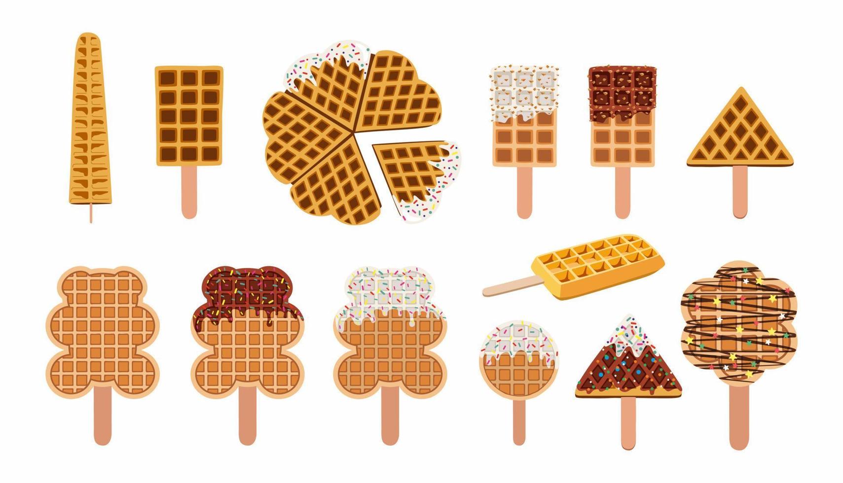 Sweet food and dessert food, vector set illustration of golden brown homemade corn dog waffle on a stick.