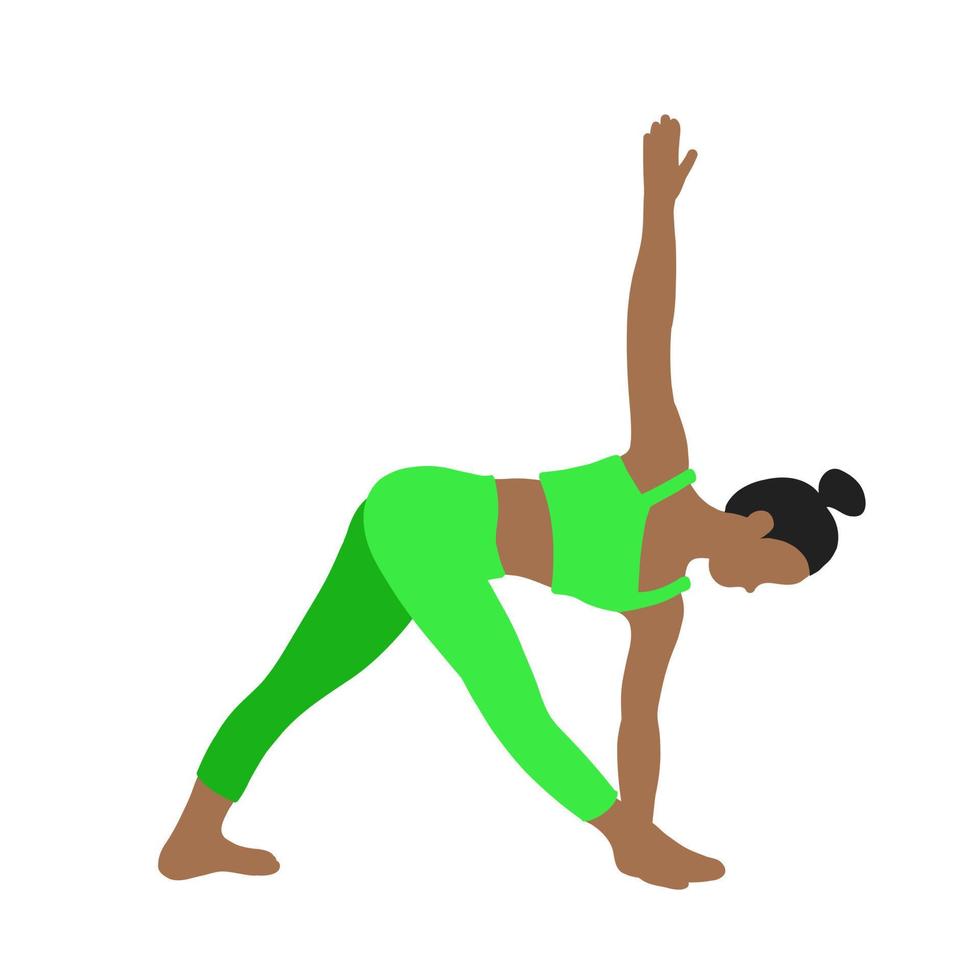 Flexibility pilates yoga pose. African American female, lady, woman, girl. Meditation, pilates, mental health, training gym. Vector illustration in cartoon flat style isolated on white background.