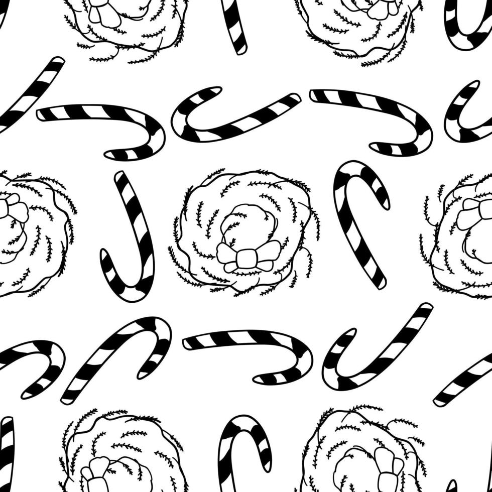 Candy cane and wreath in outline doodle style. Vector seamless pattern isolated on white background.