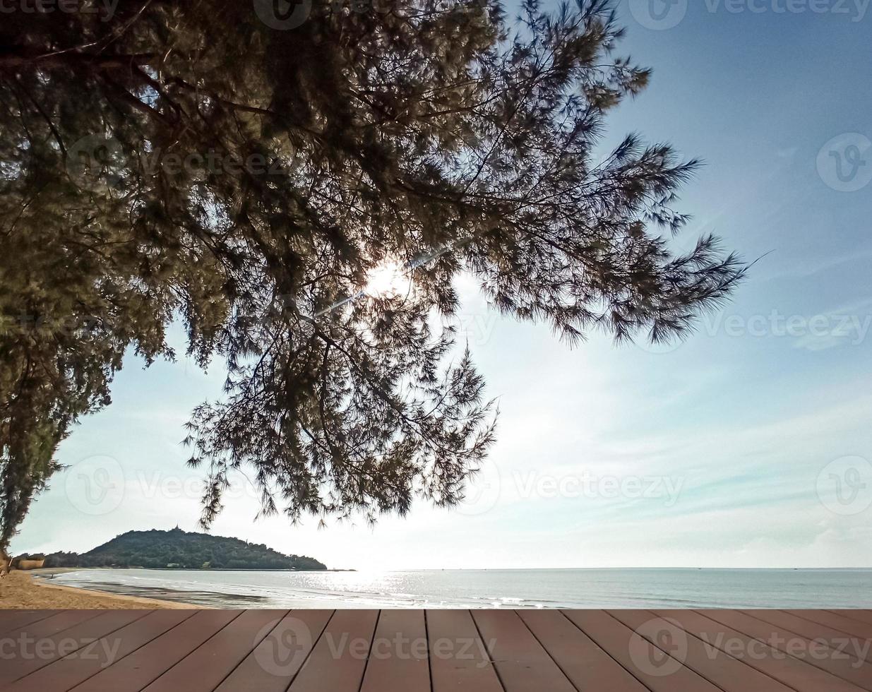 empty Wooden deck with sea view and pine tree on the beach. Close up old wooden flooring and tropical beach. photo