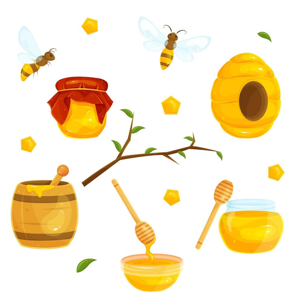 set bright vector illustration, honey and bees, bee hive, a barrel of honey, honey apiary