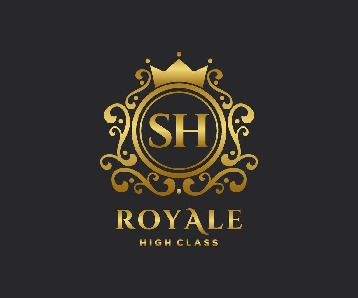 Golden Letter SH template logo Luxury gold letter with crown. Monogram alphabet . Beautiful royal initials letter. vector