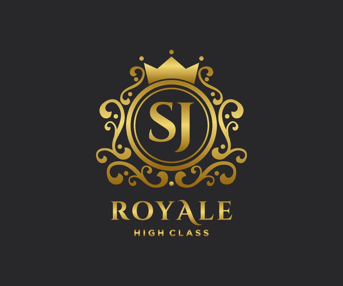 Golden Letter SJ template logo Luxury gold letter with crown. Monogram alphabet . Beautiful royal initials letter. vector