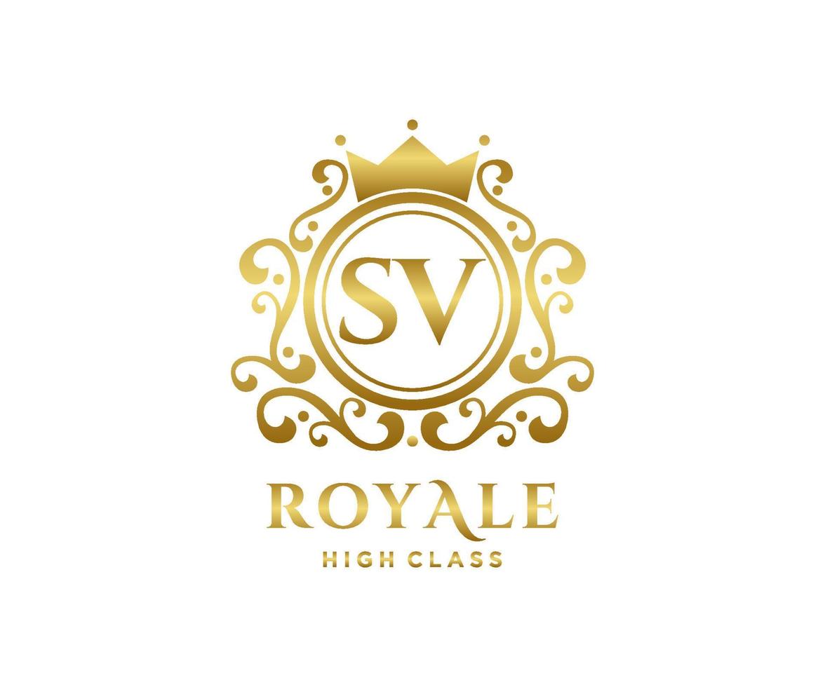 Golden Letter SV template logo Luxury gold letter with crown. Monogram alphabet . Beautiful royal initials letter. vector