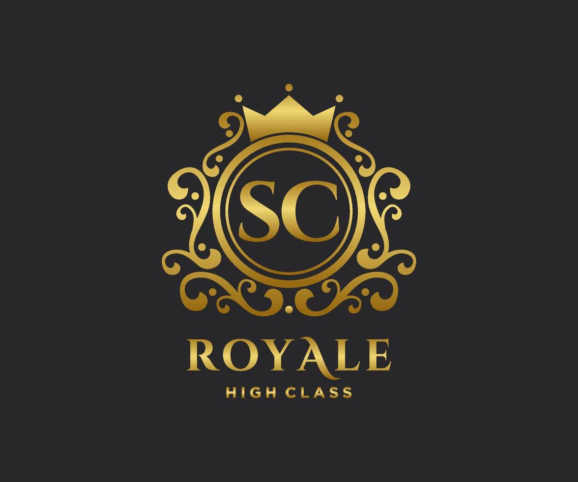 Golden Letter SC template logo Luxury gold letter with crown. Monogram alphabet . Beautiful royal initials letter. vector