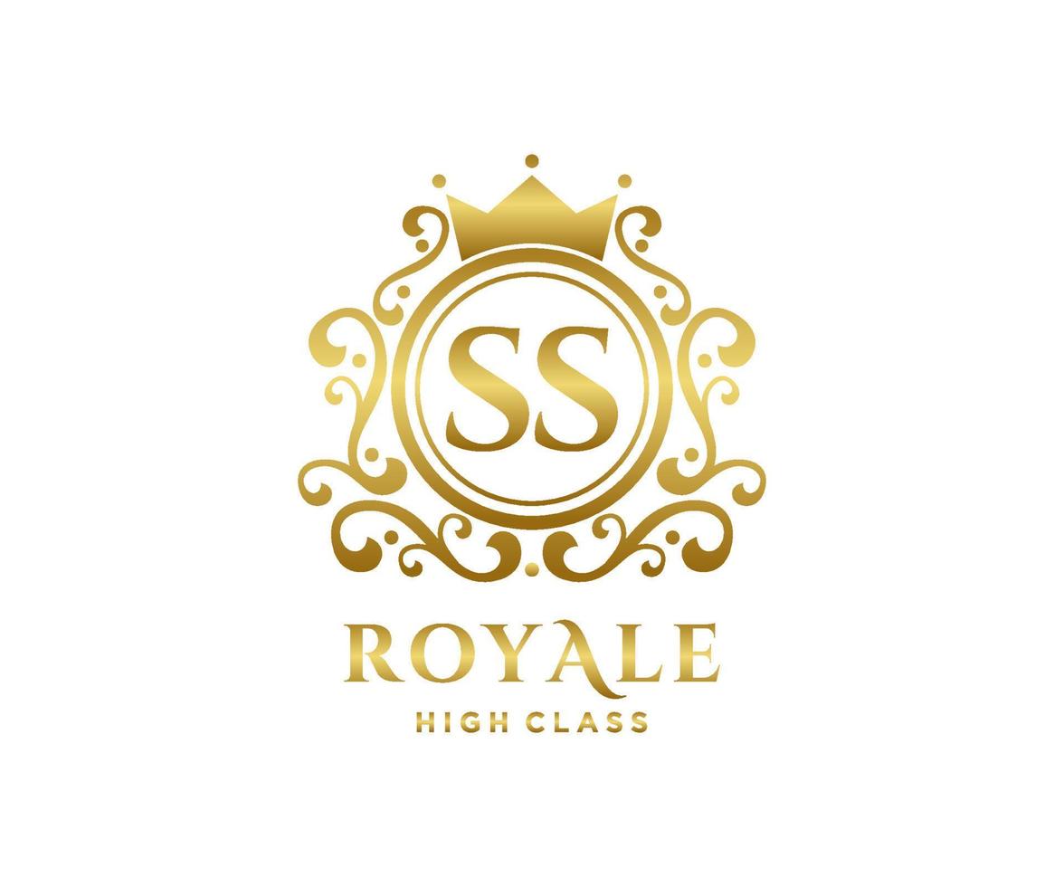 Golden Letter SS template logo Luxury gold letter with crown. Monogram alphabet . Beautiful royal initials letter. vector