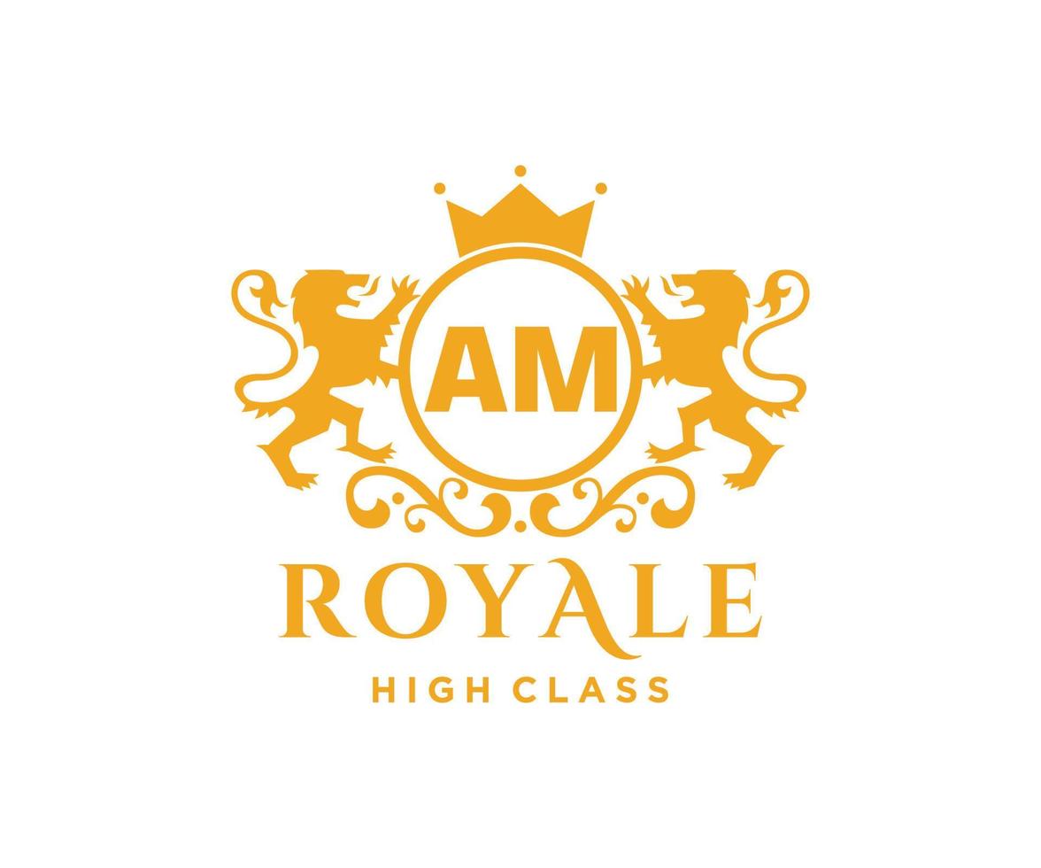 Golden Letter AM template logo Luxury gold letter with crown. Monogram alphabet . Beautiful royal initials letter. vector