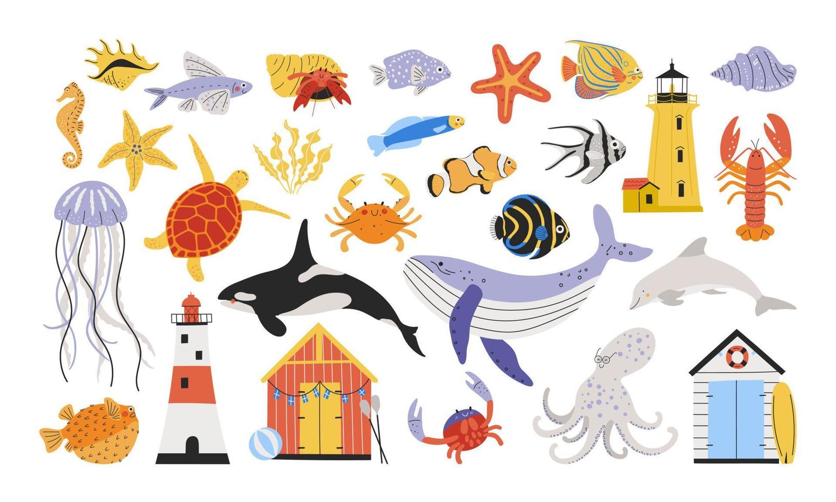 Set of cartoon sea creatures. Colorful ocean life cute characters and objects vector