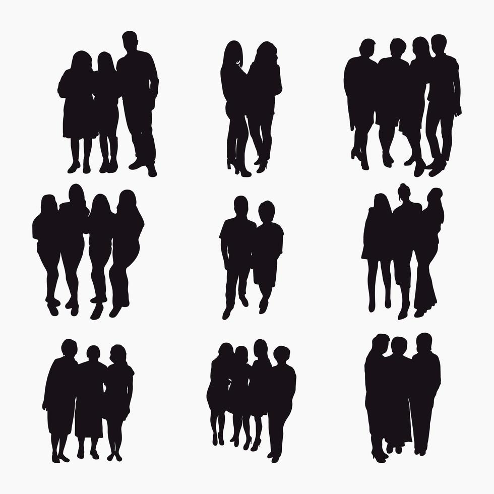 Friendship of people, men and women, hugs of relatives, silhouettes of hugging girls and guys, the concept of a warm meeting, family, love, unity vector