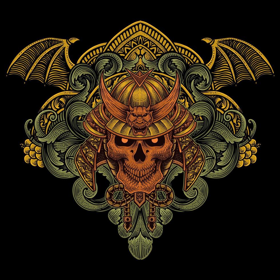Vector illustration. scary samurai head skull with vintage engraving ornament style perfect for your business and T shirt merchandise