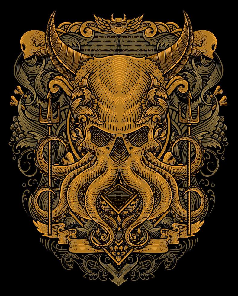 illustration demon octopus with two trident antique engraving ornament style good for your merchandise dan T shirt vector