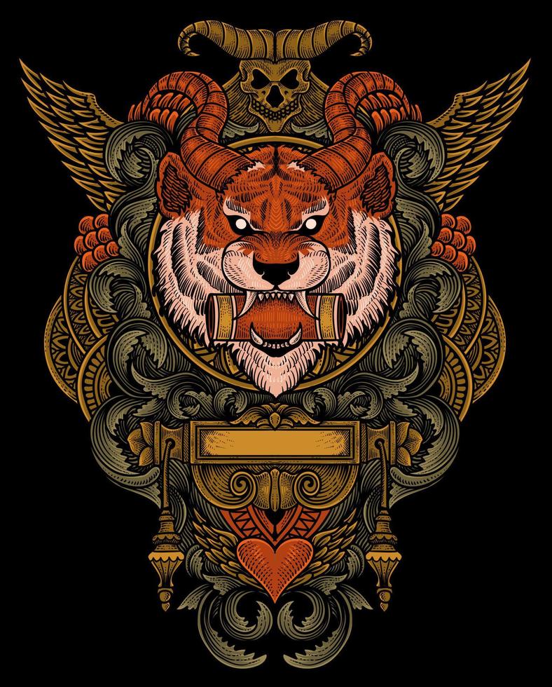 demon tiger head with antique engraving ornament style good for your merchandise dan T shirt vector