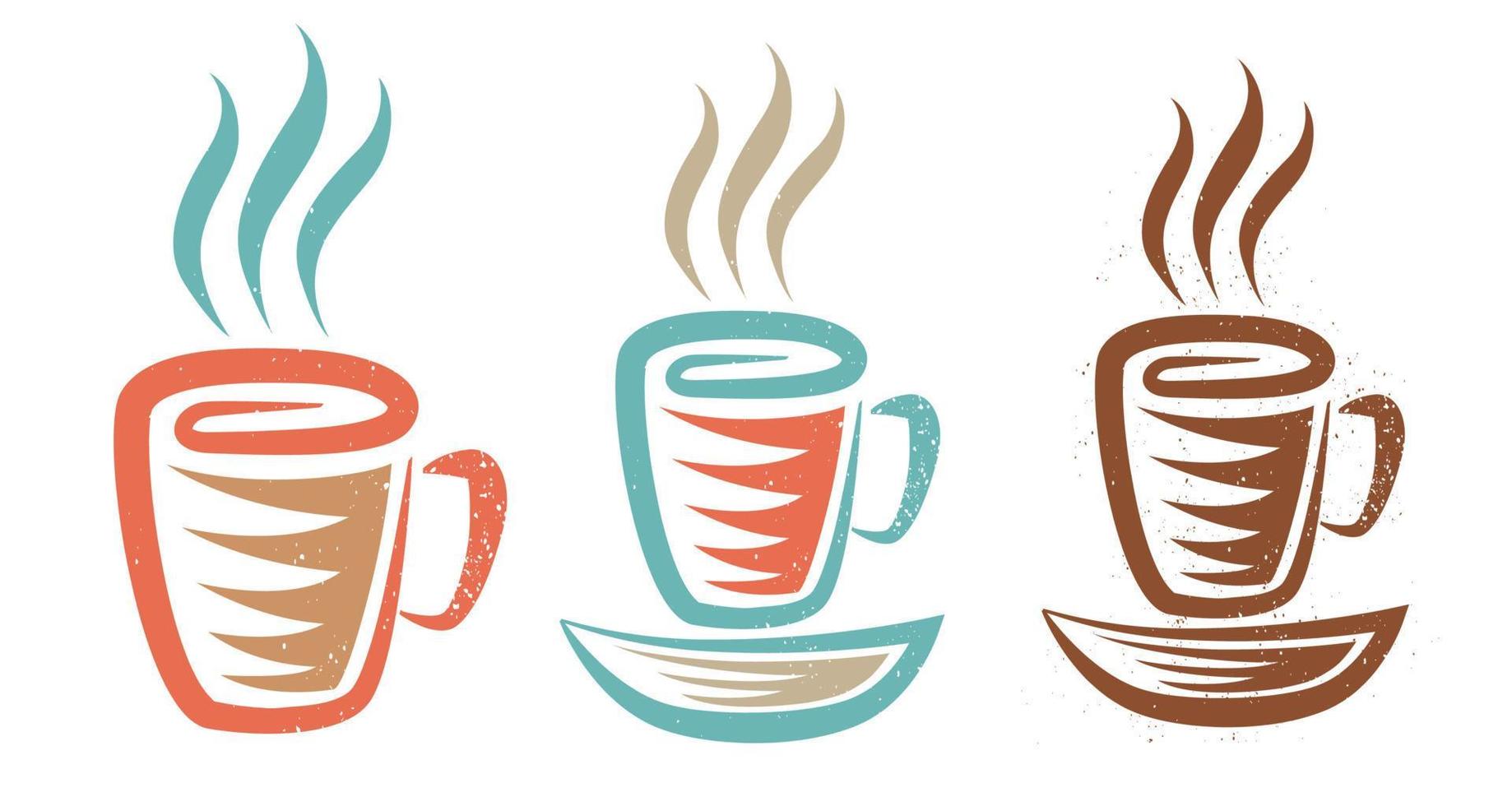 Vector illustration of a cup with coffee or tea in retro style. Vintage logo of hot drink for cafe.