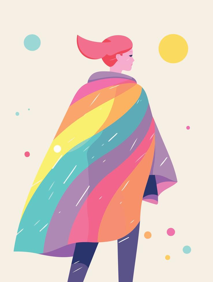 woman wearing colorful cape to represent pride day or pride month vector