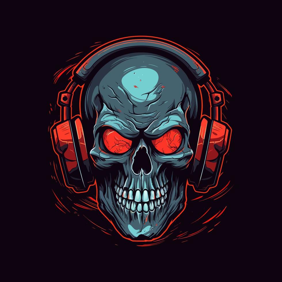 Logo of an angry skull wearing headphones designed in esports illustration style vector