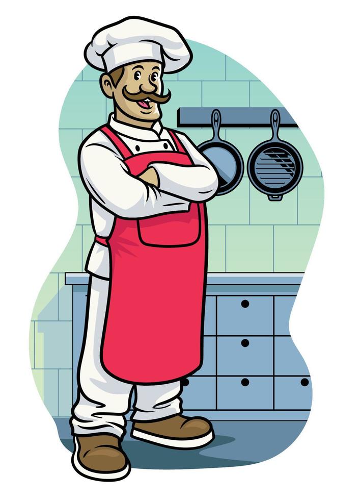 happy chef crossed arm posing iin the kitchen vector