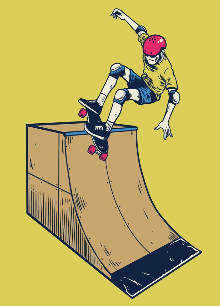 Clásico ilustración hombre jugando patineta en el rampa vector