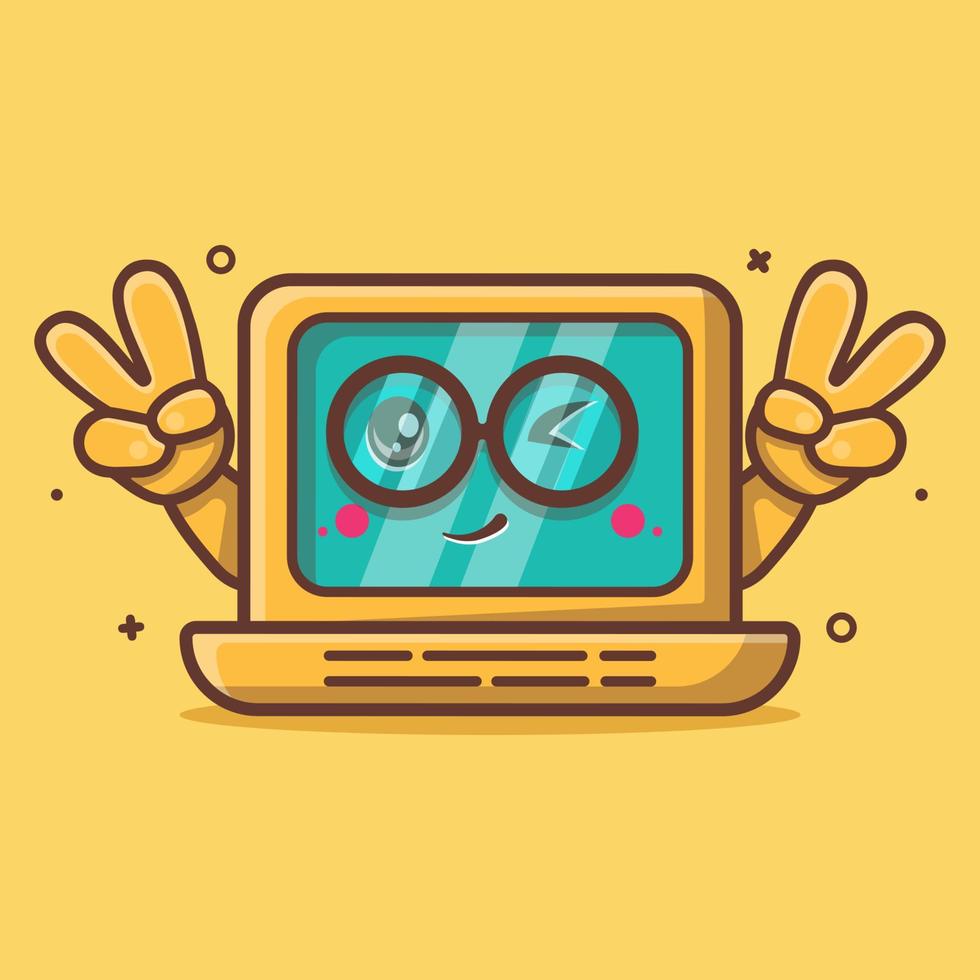 funny laptop character mascot with peace sign hand gesture isolated cartoon in flat style design vector