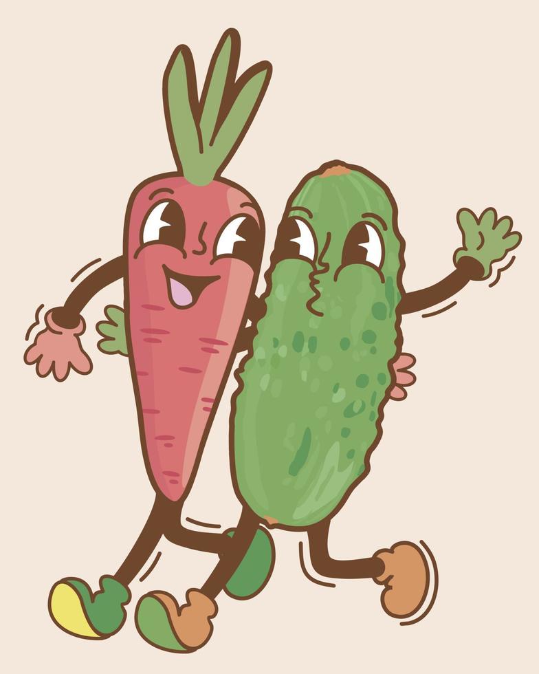 Carrot and cucumber. Retro cartoon vector. Style of 1970-s. Isolated on light beige background. vector