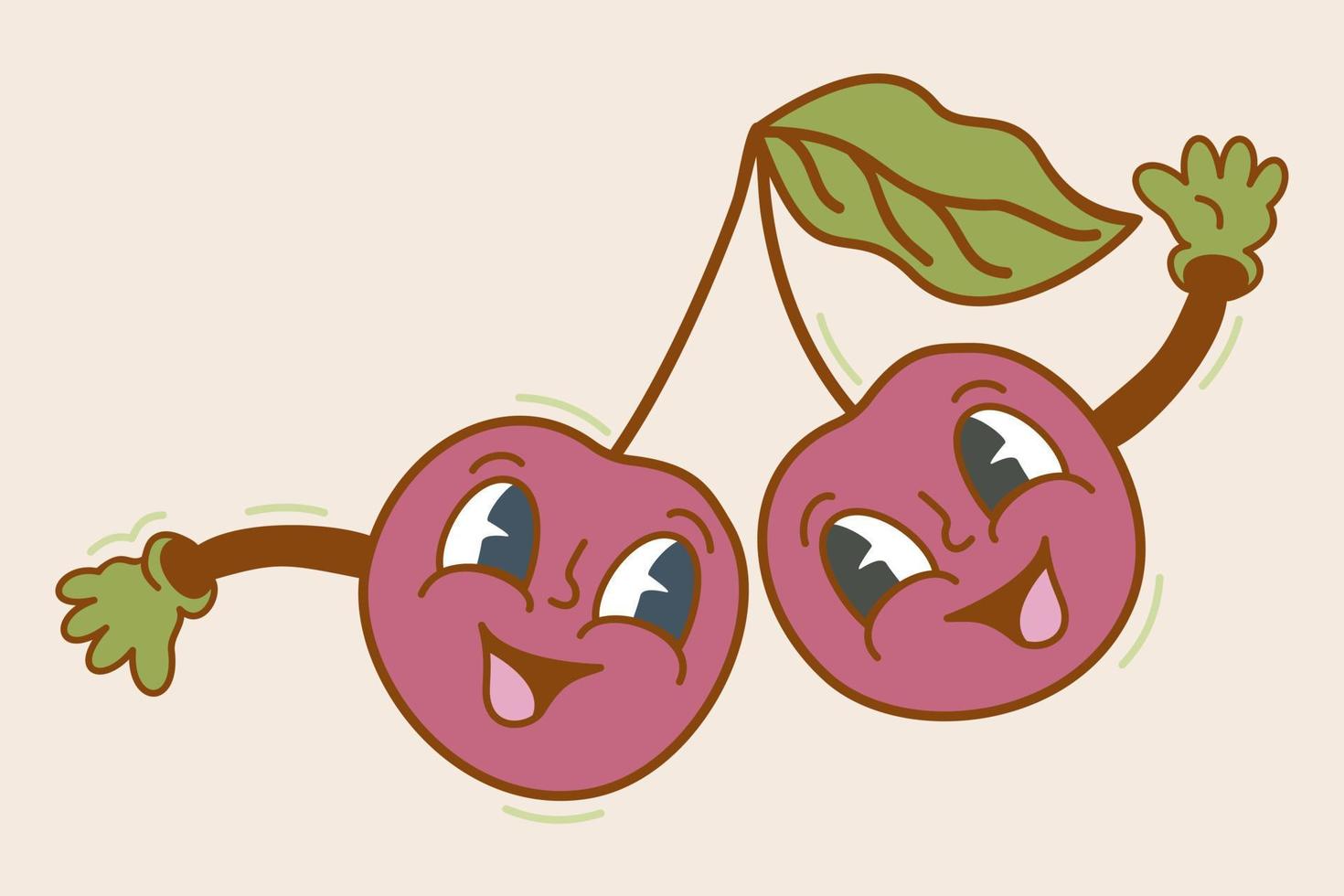 Cherries. Retro cartoon illustration. Style of 1970-s. Vector isolated on light background.
