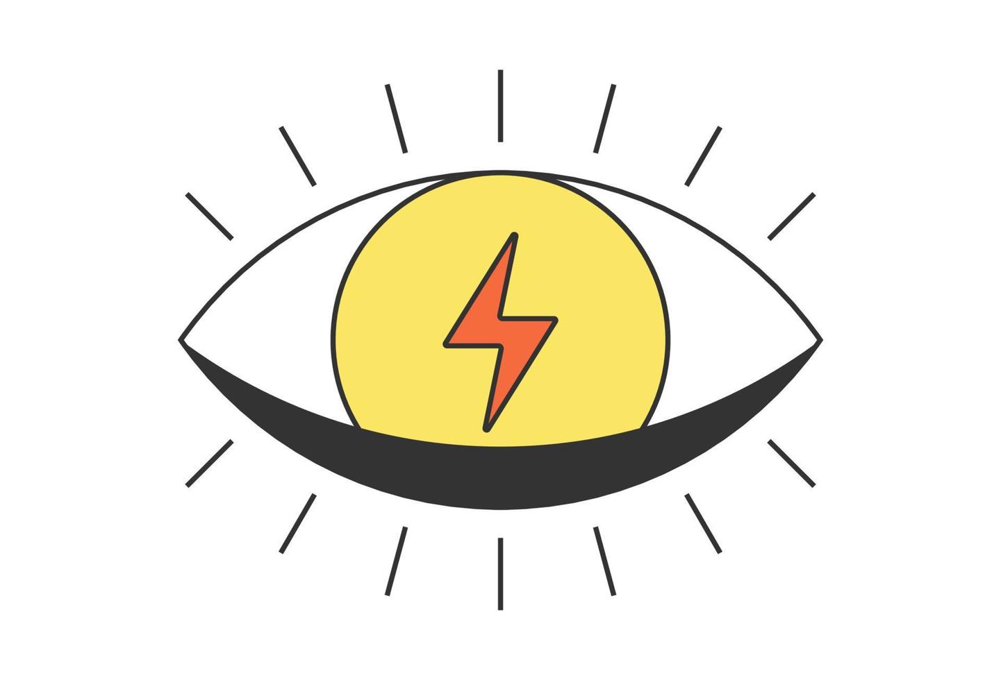 Retro open eye with electric lightning. Psychedelic groovy hippie style bizarre design. Vintage hippy crazy pupil sticker. Abstract 60s, 70s, 80s trendy y2k. Trippy vector eps illustration
