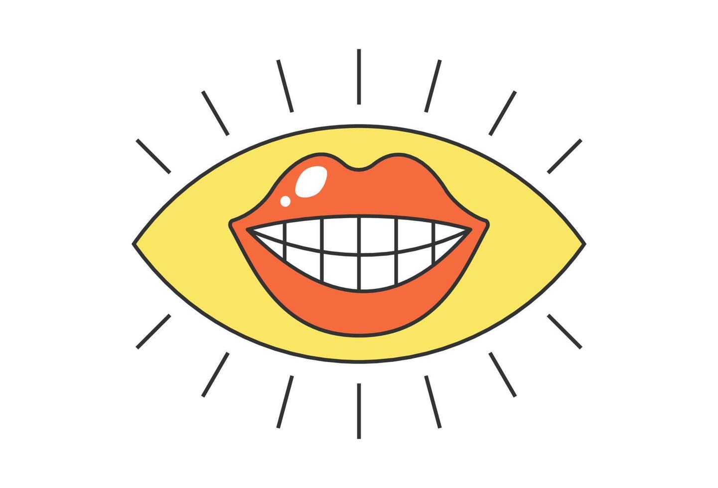 Retro eye with pink lipstick female smiling mouth. Psychedelic groovy hippie style bizarre design. Vintage hippy crazy seductive kiss pupil sticker. Abstract 60s, 70s trendy y2k. Trippy pop art. Eps vector