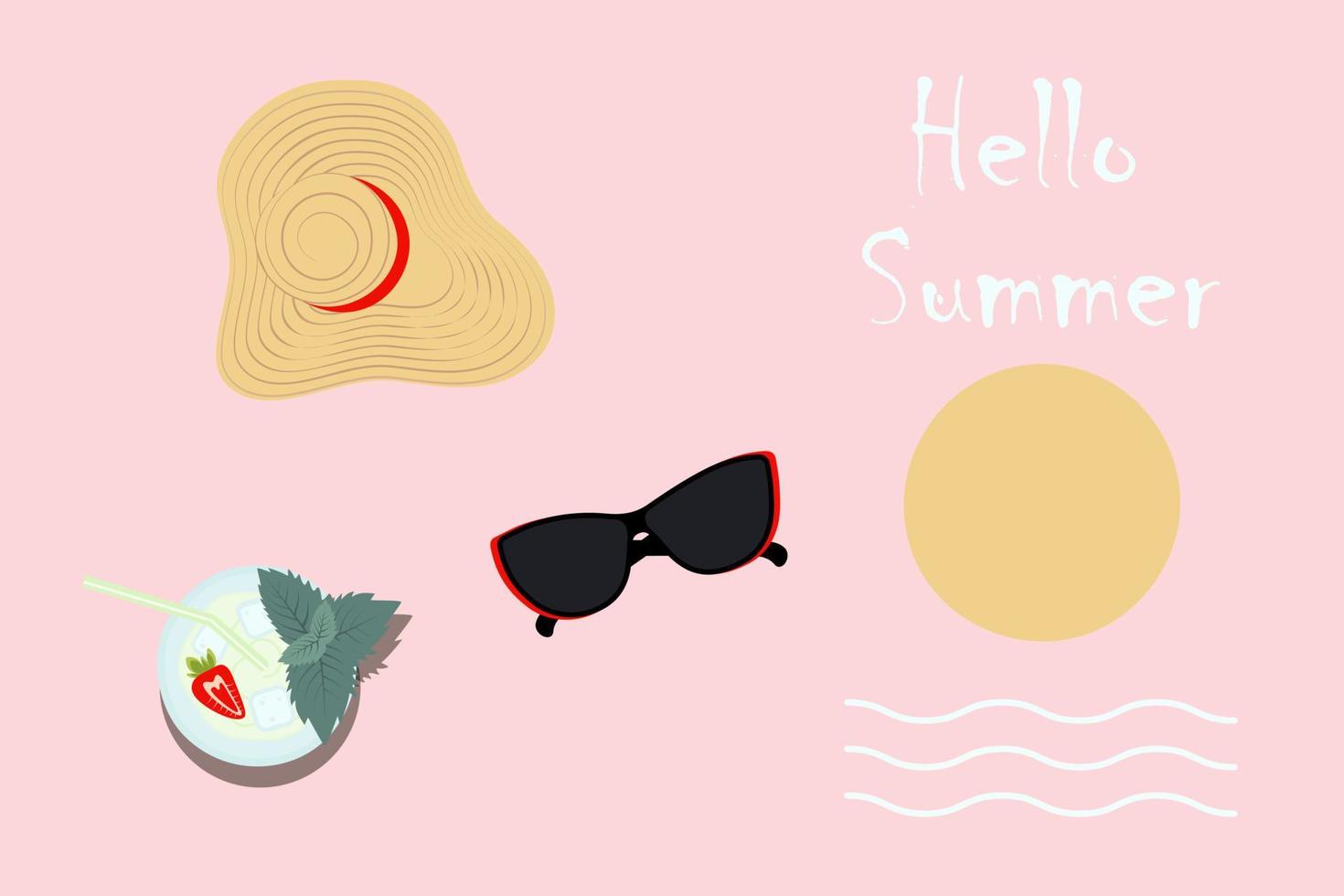 Design with wide brim hat, sunglasses and cocktail with strawberries and lettering Hello summer vector