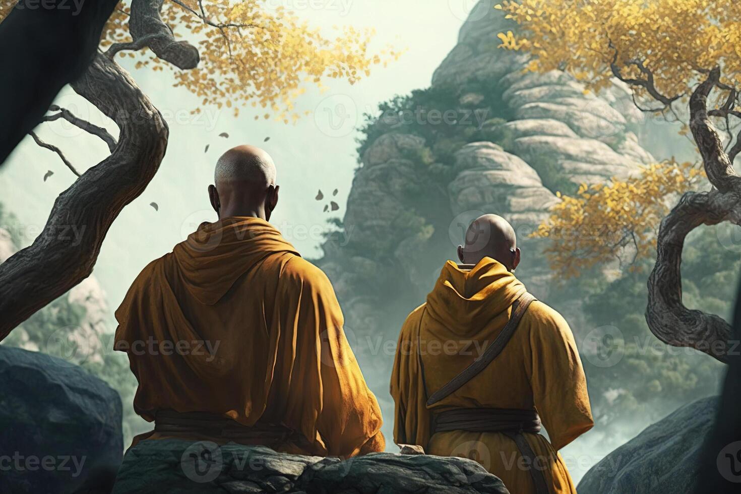 Buddhist monks meditating in nature. photo