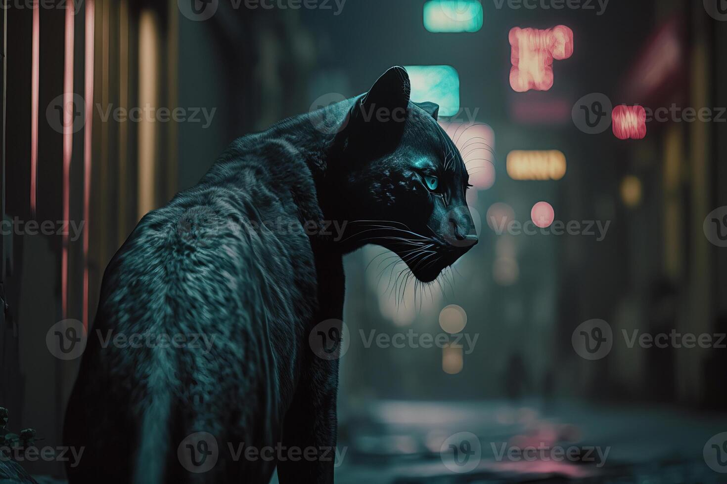 Portrait of a black leopard. Panther in urban city. . photo