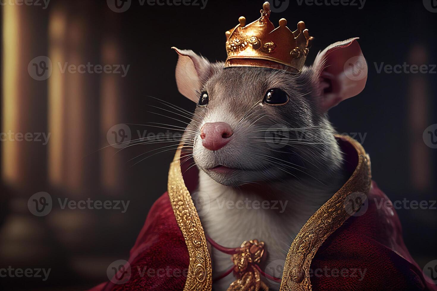 Rat in royal robe and crown on throne. photo