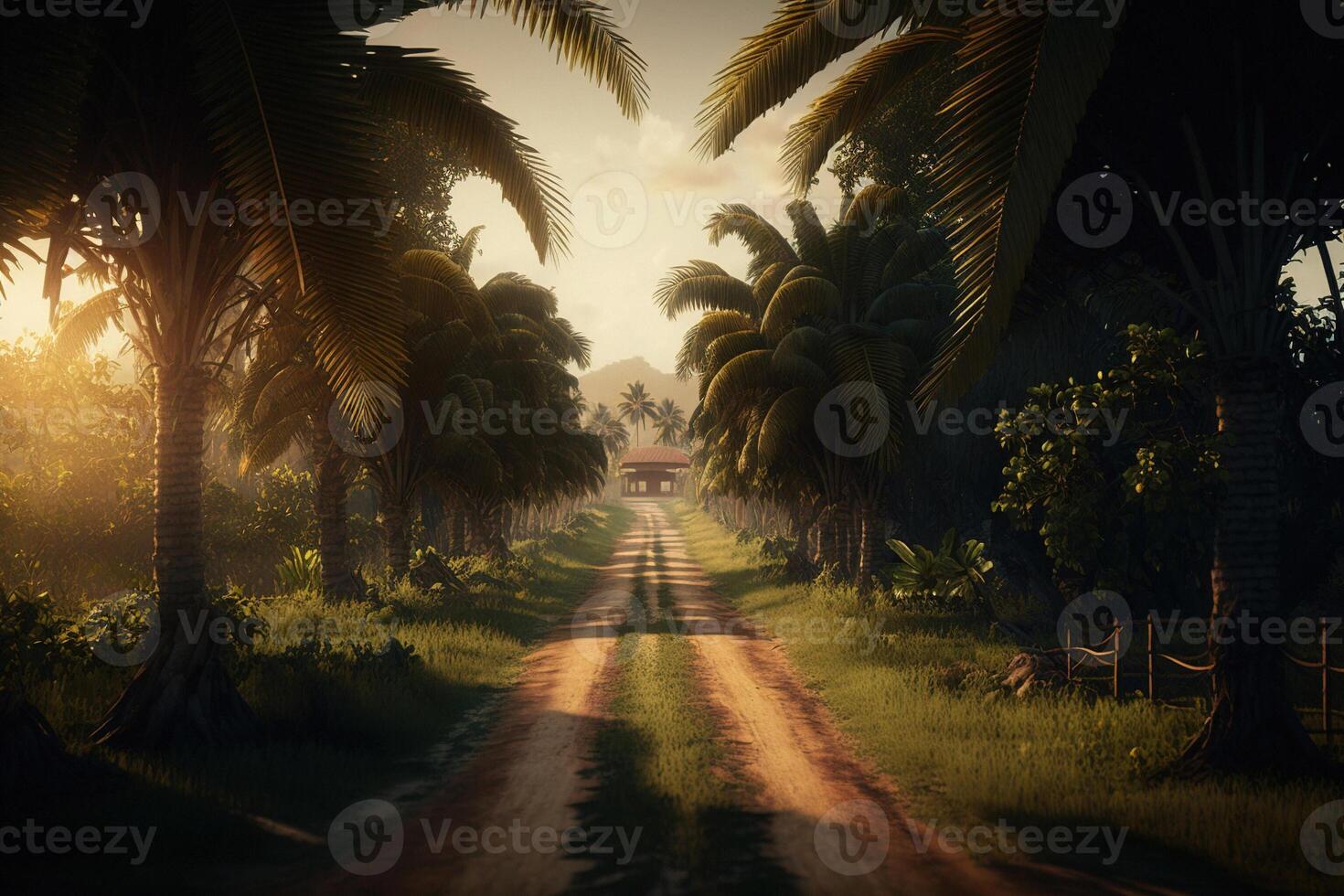 Coco plantación en el rayos de el ajuste Dom. ai generativo ilustración. foto