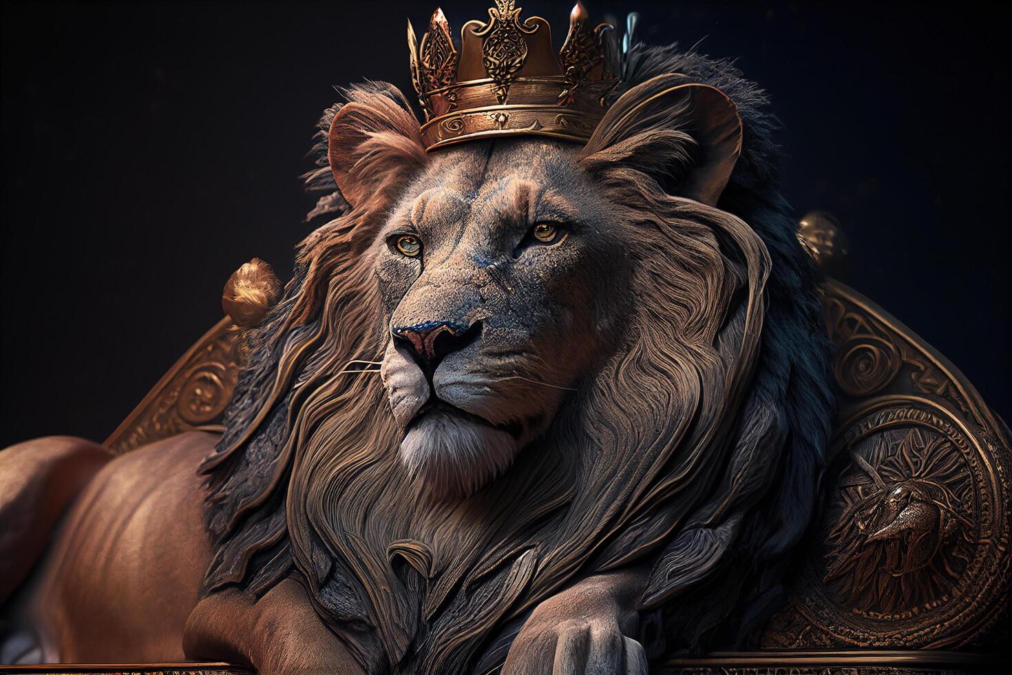 Golden shining king of beasts lion on a royal golden throne. photo